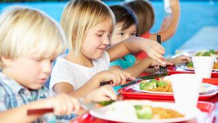 Kinder beim Essen in der Schulmensa (verweist auf: Jetzt für Kita- und Schulträger: Web-Seminarreihen zur Beschaffung von Verpflegung)
