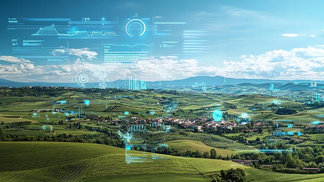 Landschaftspanorama mit digitalen Icons Landschaftspanorama mit digitalen Icons