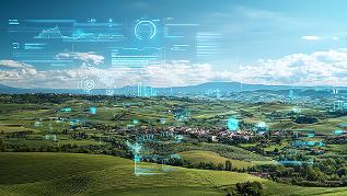verweist auf: Interoperabilität in Ländlichen Räumen Landschaftspanorama mit digitalen Icons (verweist auf: Interoperabilität in Ländlichen Räumen)