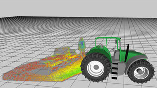 Computerzeichnung Traktor mit Blickfeld einer hinten angebrachten Kamera