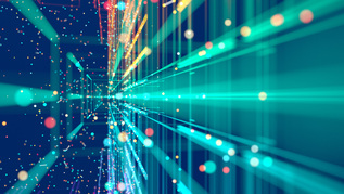 verweist auf: Künstliche Intelligenz (KI) in den Ländlichen Räumen Abstraktes buntes Gitter, umgeben von leuchtenden Partikeln (verweist auf: Künstliche Intelligenz (KI) in den Ländlichen Räumen)