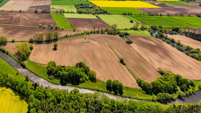 fields, trees and river fields, trees and river